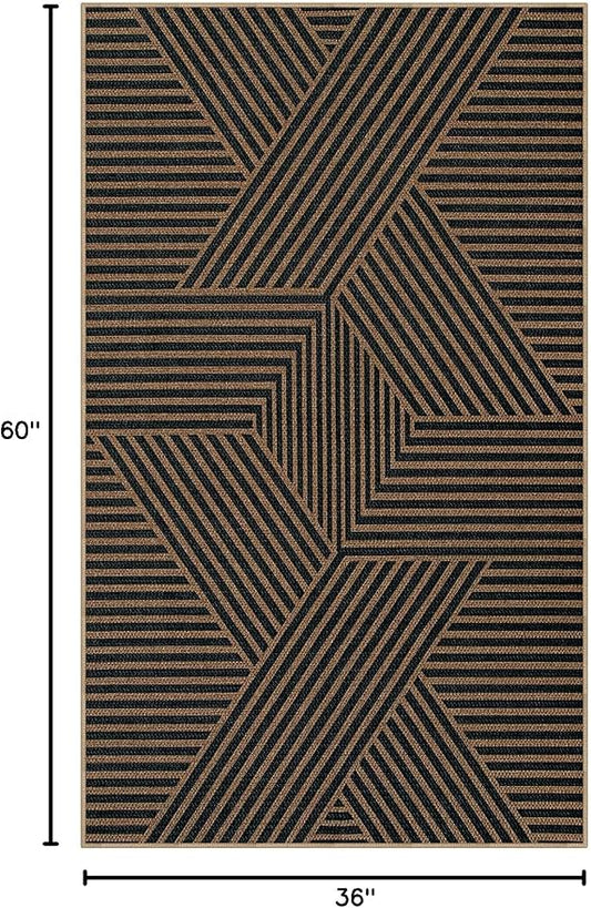 Lahome Enfys Modern Geometric Outdoor Easy Jute Rug, 3x5 Indoor Outdoor Rugs for Living Room Black Entryway Carpet, Farmhouse Washable Non Slip Carpet for Patio Courtyard Bedroom