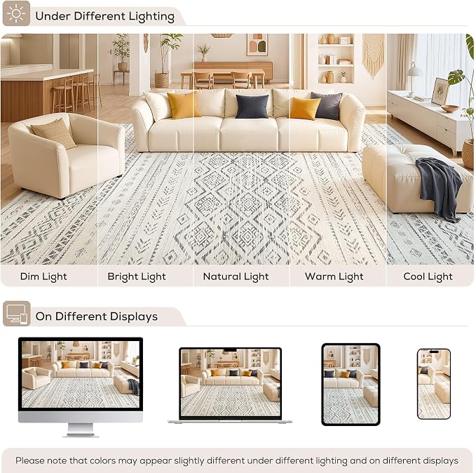 Nakagishi Area Rug Living Room Rugs: 8x10 Large Soft Machine Washable Boho Moroccan FarmNeutral Stain Resistant Indoor Floor Carpet for Bedroom Under Dining Table Home Office Decor-Grey