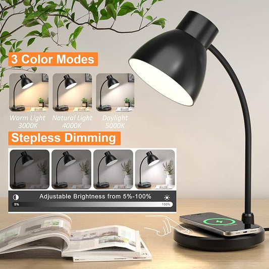 Desk Lamp with Wireless Charger, LED Desk Lamps for Home Office, 800 Lumens, Small Desk Lamp with Pen Holder, Flexible Arm, 3 Modes, Dimming, Touch Lamp for College Dorm Room
