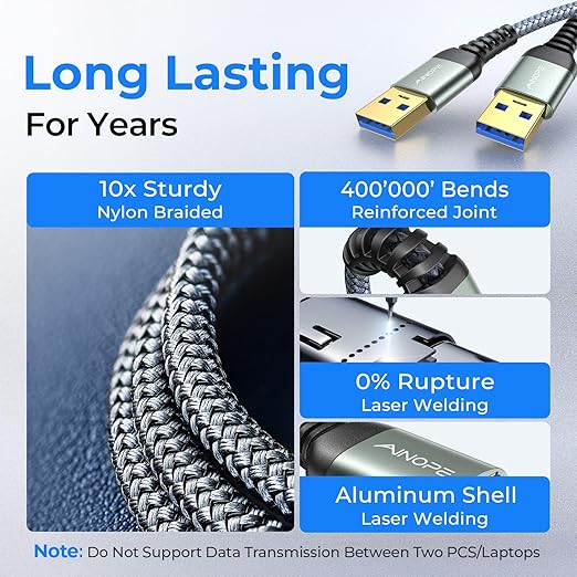 AINOPE USB to USB Cable, 6.6FT USB 3.0 A to A Male to Male Cable 5Gbps Double End Type A Cord for Data Transfer Compatible with Hard Drive, Laptop Cooling Pad, USB Hub, KVM, DVD(Not for PC-to-PC)
