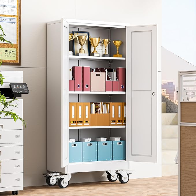 winiowa 61" Tall Metal Garage Storage Cabinet with Wheels, Steel Locking Rolling Tool Cabinet with 3 Adjustable Shelves for Garage,Home,Office (White)