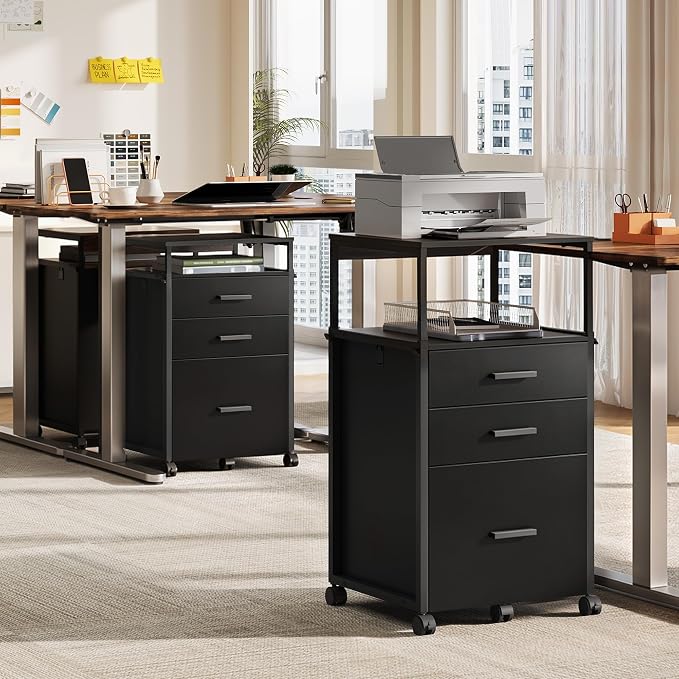 DEVAISE 3 Drawer File Cabinet with Adjustable Shelves, Rolling Wooden Filing Cabinet Mobile Printer Stand for Home Office, Black, 15.7" D x 17.7" W x 40.3" H