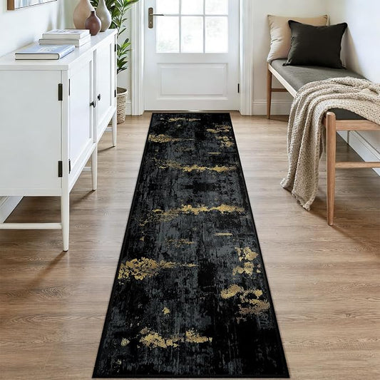 RELEANY Washable Area Rugs 2x9 Non-Slip Modern Abstract Soft for Living Room Entryway Bedroom Kitchen, Print Pattern, Dark Black Gold