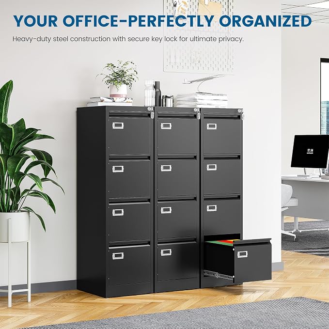 PEUKC 4 Drawer File Cabinet, Vertical Filing Cabinets with Lock, Metal File Cabinets for Home Office, Anti-Tip 4 Storage Drawers for Letter/Legal/A4/F4 Size (Assemble Required, Black)
