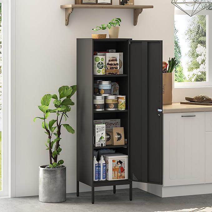 Metal Lockable Storage Cabinet with Adjustable Shelves(Black) | Locking Storage Cabinet with Door for Kitchen Pantry Home Office School Gym Garage