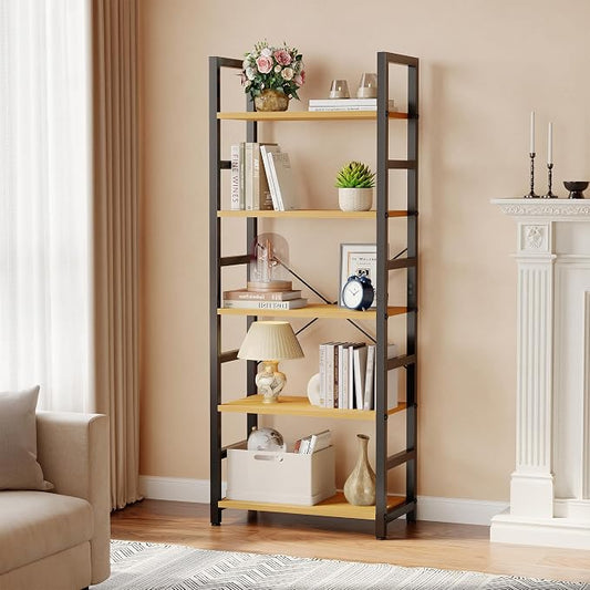 DUMOS 5-Tier Bookshelf, Modern Tall Bookcase, Open Storage Display Shelf for Living Room, Bedroom, Home Office, Narrow Standing Shelving Unit for Books, CDs, Décor,Wood