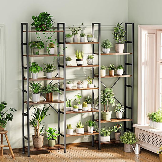 SUPERJARE Triple Bookshelf, Bookcase with 17 Open Display Shelves, Wide Book Shelf Book Case for Home & Office, 6 Tier, Brown, ABC003Z