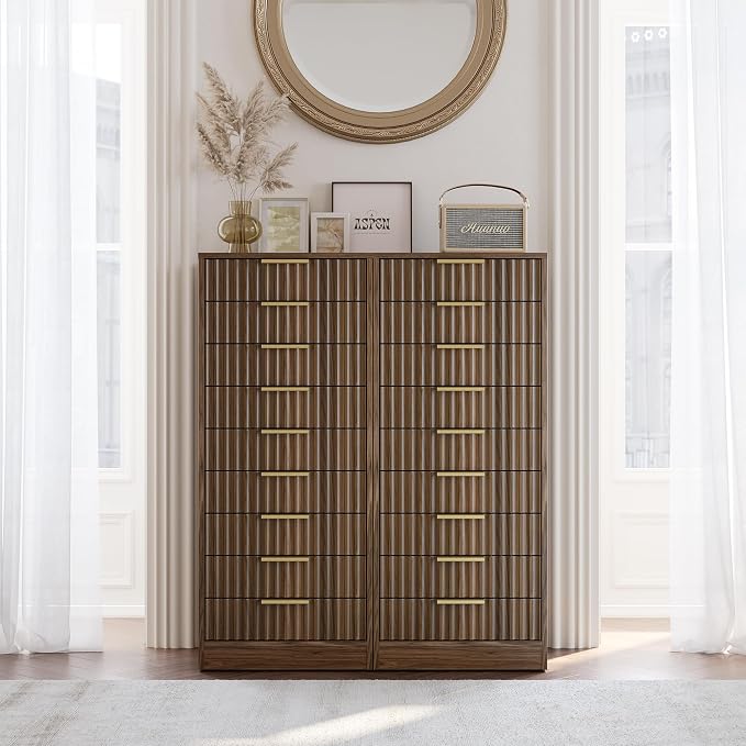 9 Drawer File Cabinet, Wooden Office Cabinet with Drawers, Fluted Storage Filing Drawer for Home Office, Black Walnut