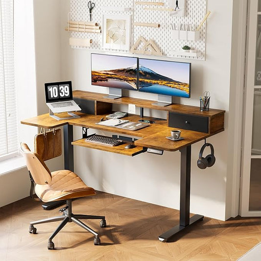 OffiGo U Shaped Electric Standing Desk with Drawers, 55 Inch Height Adjustable Desk with Keyboard Tray & Ergonomic Monitor Stand, Sit Stand Table with Power Outlets for Home, Office, Rustic Brown