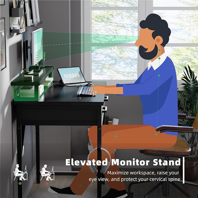 Pamray 32 Inch Small Computer Desk with Monitor Stand Home Office Desks with 2 Drawers for Bedroom Study Writing and Work Table for Small Spaces Brown