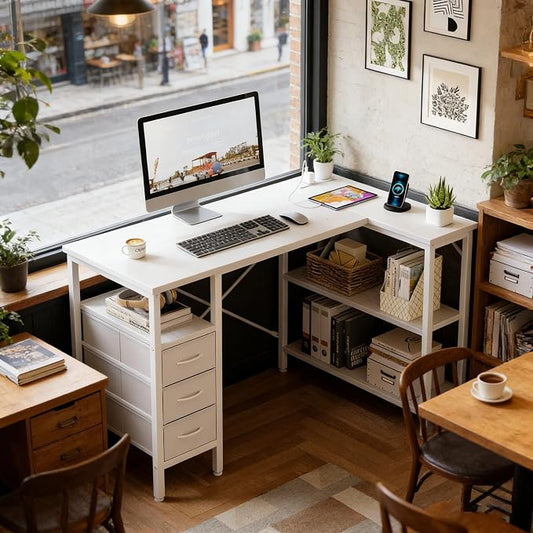 Alpen L Shaped Gaming Desk with Power Outlets, 47 Inch Computer Desk with 3 Drawers and Shelves, Corner Desk for Gaming, Study Writing PC Table with Storage and Reversible Shelf, White