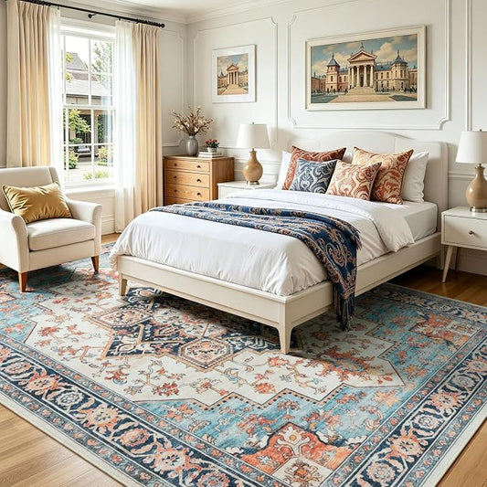 Lofus 8x10 Washable Rugs Non-Slip, Vintage Floral Area Rug for Living Room Bedroom Dining Room Kitchen, Low Pile Distress Print Carpet Home Decor Rug, Octagram Medallion Orange Blue Ivory