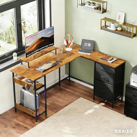 DEVAISE 55 Inch L Shaped Gaming Desk with Drawers and Storage, Corner Desk with LED Lights, Power Outlets, Computer Desk with Monitor Stand, Office Desk for Home, Rustic Brown