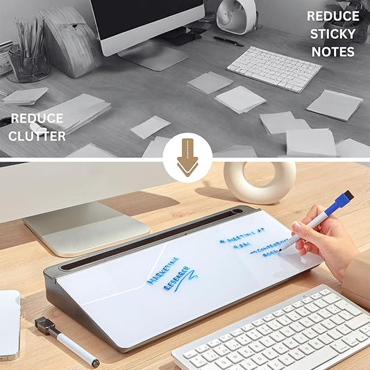 GAROOD Desktop Dry Erase Board with Storage (Black Base) Desk White Board Desk Board Glass Desktop White Board with Stand Home Office Organizer Phone Holder 15.8X7X2 inches
