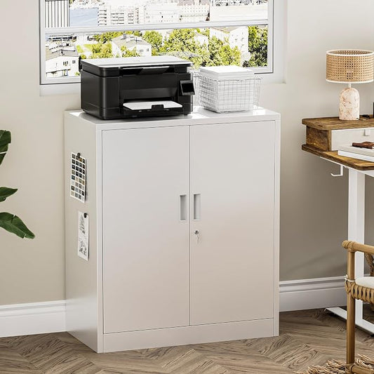 Metal Garage Storage Cabinets,36" Steel File Cabinet with 2 Adjustable Shelves, Lockable Storage Cabinets for Office, Home, Garage, Warehouse 36" H x 32" W x 16" D (White)