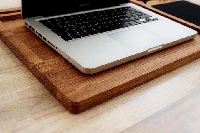 Personalized Solid Oak Wood Lap Desk Tray | Includes Mouse Pad & Slots for iMac & iPhone | Portable Laptop Stand, Phone & Tablet Holder | Multi-Tasking Mobile Workstation Idea for Him