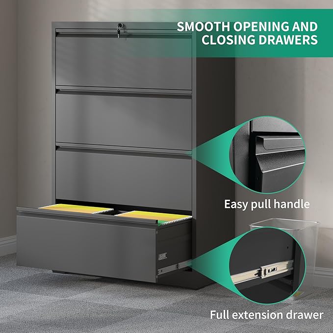 IKIMI 4 Drawer Lateral File Cabinets,Metal Filing Cabinet for Home Office,Wide Steel Storage Cabinet Commercial Drawer for Legal/Letter/A4 Size Files Assembly Required