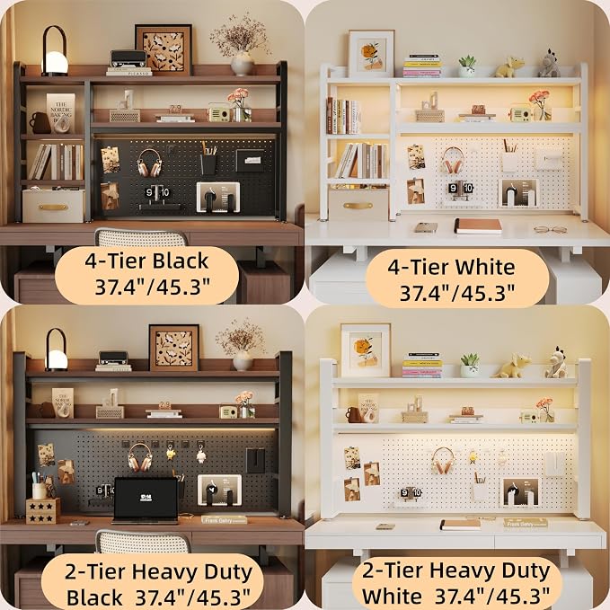 Desktop Hutch Bookshelf, 4-Tier Metal Desk Shelf for Top of Desk | Heavy Duty Countertop Organizer Rack with Peg Board & Accessories Space-Saving Storage for Dorm, Office & Home