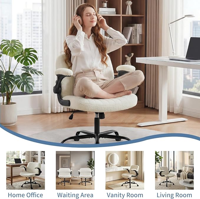 DUMOS Criss Cross Home Office Chair with Wheels, Wide Cross Legged Desk Vanity Chair Comfy Fabric Flip-Up Armrests Adjustable Swivel Chairs for Home Computer Bedroom, Beige