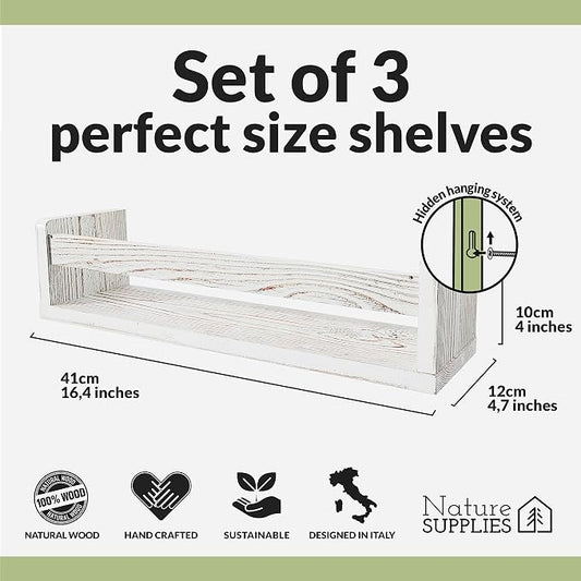 NATURE SUPPLIES Set of 3, 16.4 inch Nursery Book Shelves Made of Solid Wood for Books, Toys, Decor, Wall Kids Bookshelf, Floating Shelf, Ideal Storage for Nursery or Playroom Organization,Whitewashed