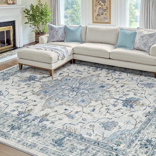 RELEANY Area Rugs 7'x9' Washable Non-Slip, Floral Vintage Distress Medallion Carpet for Living Room Bedroom Dining Room, Light Blue Navy Gray White