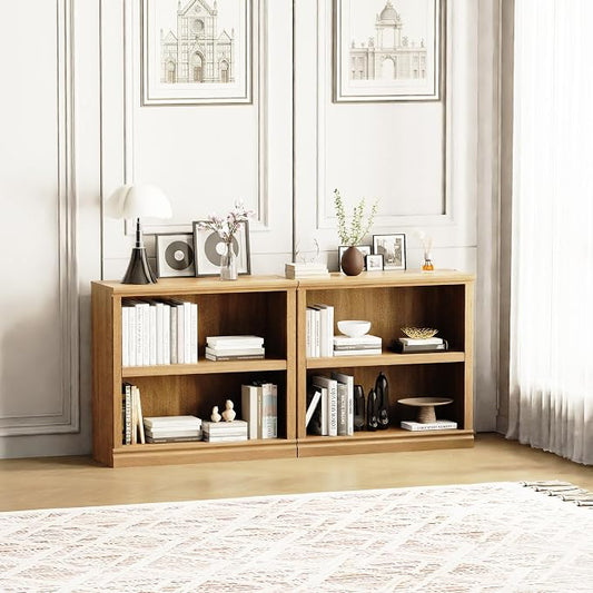 blini Bookshelf and Bookcase Set of 2, Wooden Oak Double Wide Large Bookshelves, 2 Tier Bookshelf with Storage Cabinets for Living Room, Home Office, Library (Oak, 2 - Shelf)