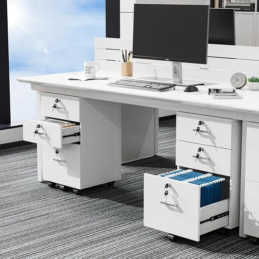 VINGLI 3-Drawer File Cabinet with Lock, Wood Rolling Filing Cabinets for Home Office, Mobile Printer Stand, Under Desk File Organizer for Letter Sized Files, 26" H(Caster Included), White