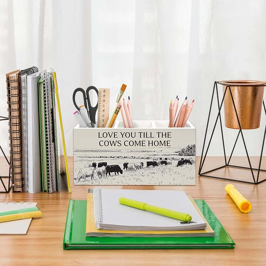 Vintage Western Cow Pen Holder for Desk, Cow Gifts for Women CowLovers Pencil Organizer, Love You Till The Cows Come Home Wooden Pen Holder Desk Accessories Decor for Home Office