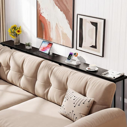 GRLEAF 70" Sofa Table with Built-in Power Strip (4 AC Outlets & 4 USB Ports) – 4.9ft Power Cord, Metal Frame, Easy Assembly, Long Couch Table Behind Sofa, Hallway, Living Room and Home Office | Black
