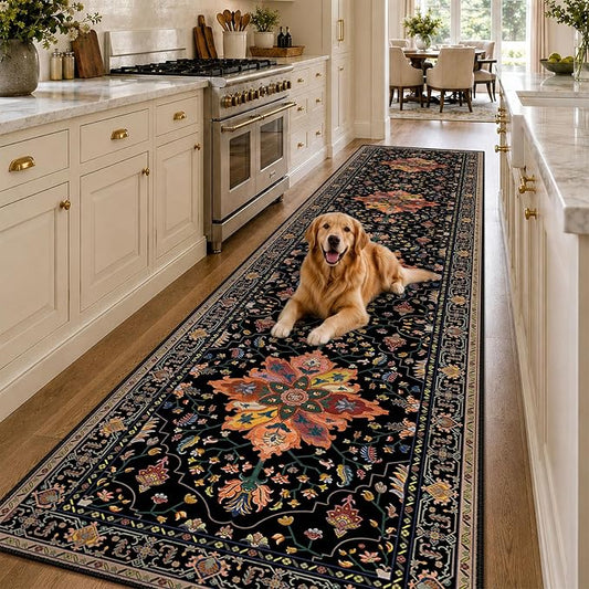 RELEANY Area Rugs Runner 3'x12' Washable Non-Slip, Floral Vintage Distress Medallion Carpet for Kitchen Hallway Bedroom Beside Laundry Room Bathroom, Black Colorful Floral Dark Tan