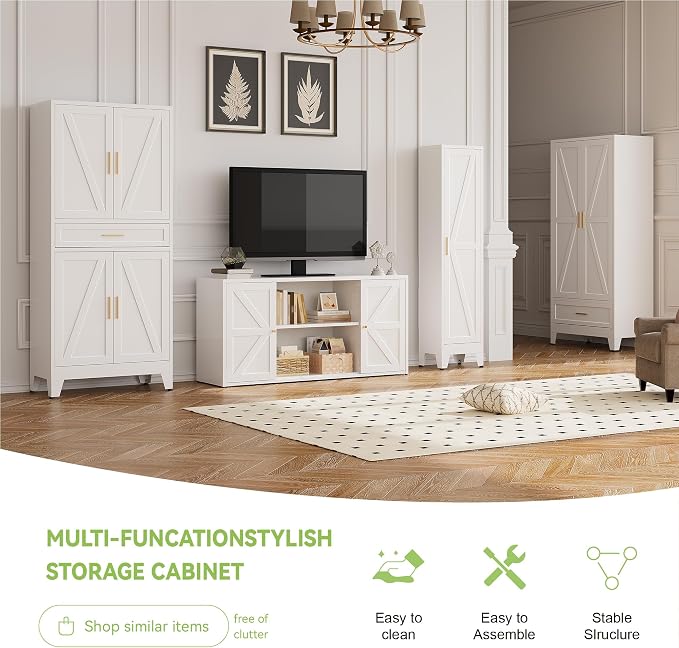 Baborokic 71" Tall Metal Storage Cabinet with Adjustable Shelves,Farmhouse Kitchen Pantry Cabinet with 2 Barn Doors and Drawer,Large Storage Cabinets for Dining Room,Office,Kitchen(White)