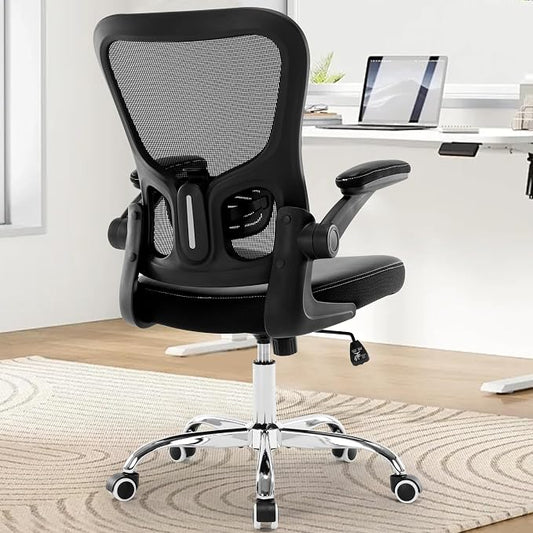 Ergonomic Office Chair Adjustable PU Leather Computer Chair with Lumbar Support,Flip-Up Arms, Breathable Mesh Back, Swivel Rolling Executive Desk Chair for Home Office, Black