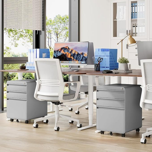 Dripex 3 Drawer Grey File Cabinet, Mobile Under Desk Storage File Cabinet with Lock on Wheels, Letter/Legal Size,Fully Assembled, Small Short Vertical Metal Rolling Filing Cabinets for Home Office