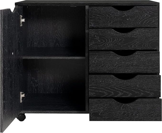 Naomi Home Under Desk Rolling Office File Cabinet with 5 Drawers & Side Storage Cabinet, Mobile Organizer with Shelves & Swivel Casters for Home Office - Distressed Black