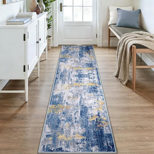 RELEANY Washable Area Rugs 2x9 Non-Slip Modern Abstract Soft for Living Room Entryway Bedroom Kitchen, Print Pattern, Grey Blue Gold/Golden