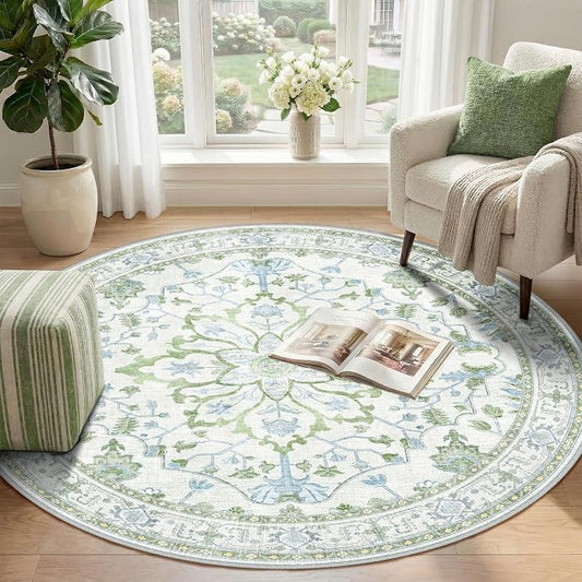 RELEANY Area Rugs Round 4ft Washable Non-Slip, Floral Vintage Distress Medallion Carpet for Living Room Bedroom Dining Room, Green White Blue