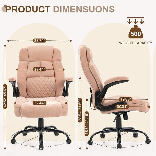 Massage Office Chair,500LBS Ergonomic Rocking Executive Desk Chairs with 4 Points Vibration&Heat,Padded Flipup Armrests for Big and Tall Office Chair,Swivel Computer Chair Fabric Pink
