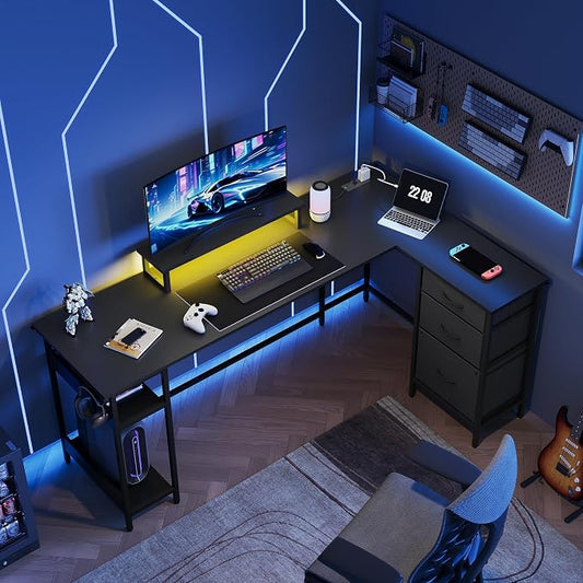 DEVAISE 66 Inch L Shaped Gaming Desk with Drawers and Storage, Corner Desk with LED Lights, Power Outlets, Computer Desk with Monitor Stand, Office Desk for Home, Black