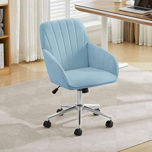 Velvet Home Office Desk Chair, Modern Cute Computer Task Chair with Back, Height Adjustable Upholstered Vanity Chair with Swivel Wheels for Women, Girls (Silver Base, Light Blue