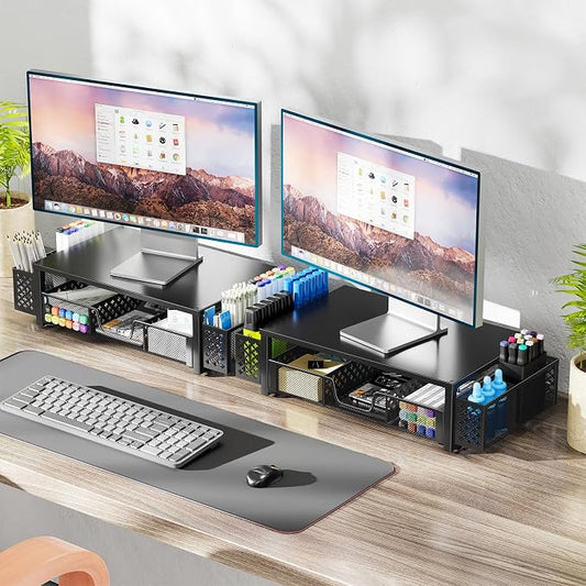 Simple Trending Metal Monitor Stand Riser, Drawer & 2 Pen Holders, Black | 2-in-1 Desk Organizer & Monitor Stand | Sturdy Metal | Drawer + Pen Holders | Ergonomic Support | Space Saving | Easy Setup