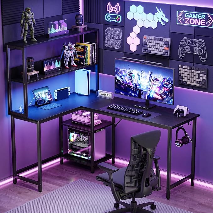 OLIXIS 53 in L Shaped Desk Computer Gaming Desk with Power Outlets & LED Lights, Reversible Corner Home Office Table with Adjustable Shelf & CPU Stand, Black