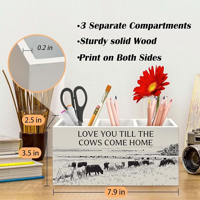 Vintage Western Cow Pen Holder for Desk, Cow Gifts for Women CowLovers Pencil Organizer, Love You Till The Cows Come Home Wooden Pen Holder Desk Accessories Decor for Home Office