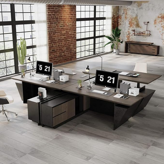 SAINTCY Adjustable Executive Desk - Luxury L Shaped Desk with Drawers, Large Table with File Cabinets, Executive Office Desks with LED Light Strip Home Office Desk for Professionals
