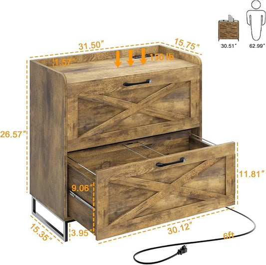 Halitaa File Cabinet 2 Drawers Lateral File Cabinet with Charging Station for Letter/Legal/A4 Size Hanging Files, Large Wood File Storage Cabinets Printer Stand for Home Office, Brown