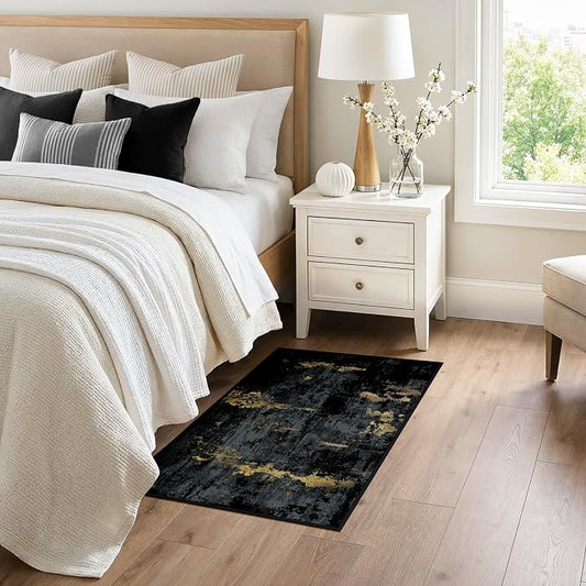 RELEANY Washable Area Rugs 3x4 Non-Slip Modern Abstract Soft for Living Room Entryway Bedroom Kitchen, Print Pattern, Dark Black Gold