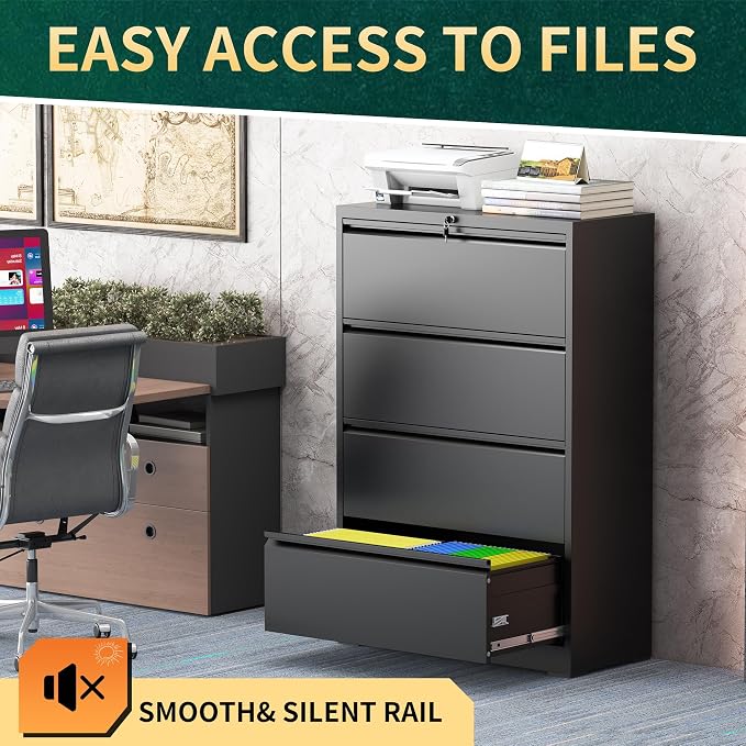 4 Drawer Lateral File Cabinet with Lock, Black Metal File Cabinets for Home Office, Steel Heavy-Duty Filing Storage Cabinet for Letters/Legal/A4, Require Assembly