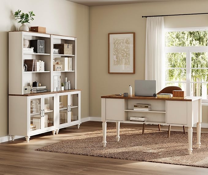 WAMPAT Home Office Furniture Set, 56" Executive Desk with Charging Station, 72" Tall Bookcase with 4 Glass Doors, Wood Computer Desk with File Cabinet Storage, Open Shelf, White