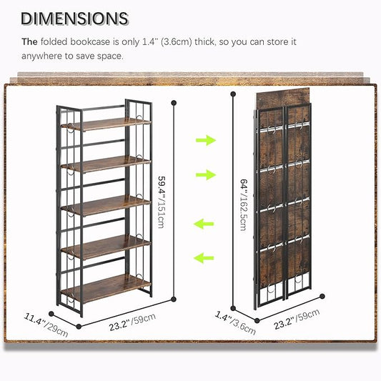 4NM No Assembly 5 Tiers Folding Bookshelf, 59.4" H Foldable Storage Shelves Vintage Bookcase Standing Racks Study Organizer Home Office - Rustic Brown Black
