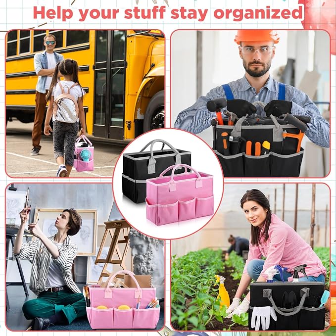 Tellingyou 2 Pcs Art Craft Tote Bag Teacher Craft Organizers and Storage Bag Desktop Tote Supply 600d Oxford Classroom Organizer Caddy Gift for Crafters Christmas Office(Black, Pink)