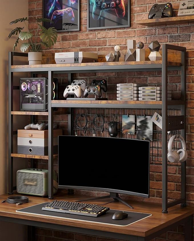 Desktop Hutch Bookshelf with Power Outlet, 3-Tier Desk Organizer Rack | 45.3" Width | Adjustable Shelves | Bookcase with Grid Panel | Sturdy Metal Frame | for Dorm Office | Easy Assembly